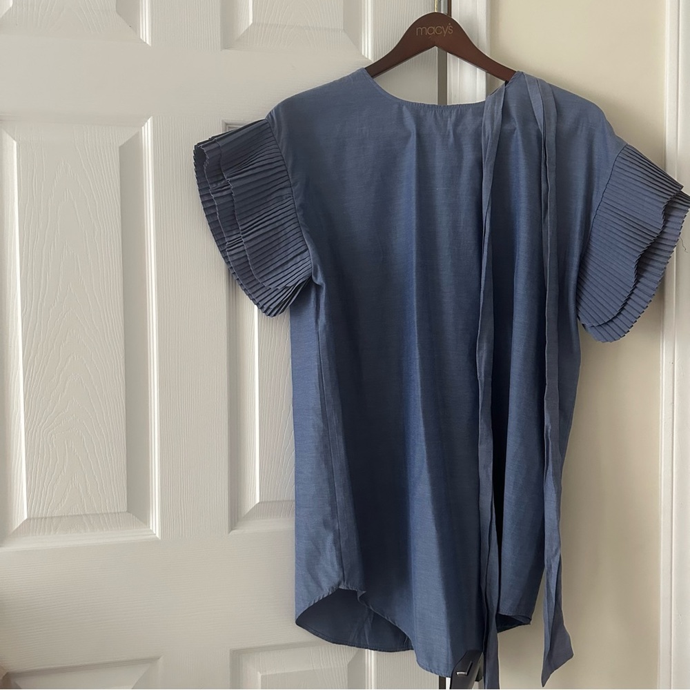 Blue Short-Sleeve Pleated Cuff Tie-Back Women’s dress